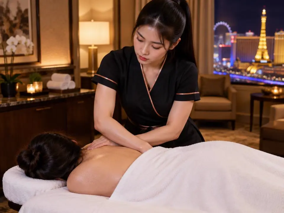 Sports recovery massage with forearm pressure in a Las Vegas hotel room