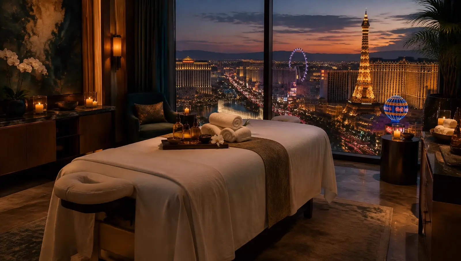 In-room massage in a Las Vegas hotel suite overlooking the Strip