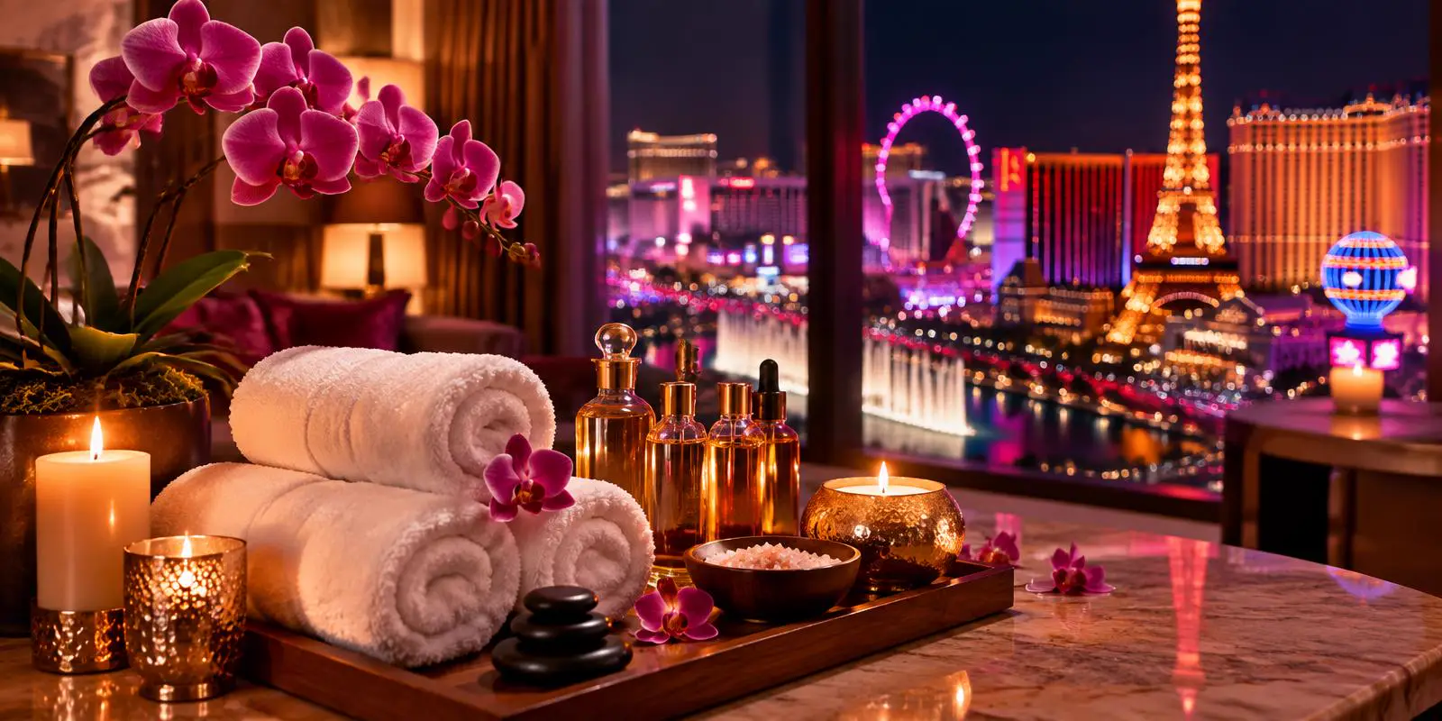 In-room massage setup in a Las Vegas Strip hotel suite with rolled spa towels, lit candles and pink orchids beside a window overlooking the Strip at night