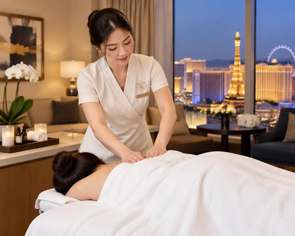 Swedish relaxation massage in a Las Vegas hotel suite with Strip view