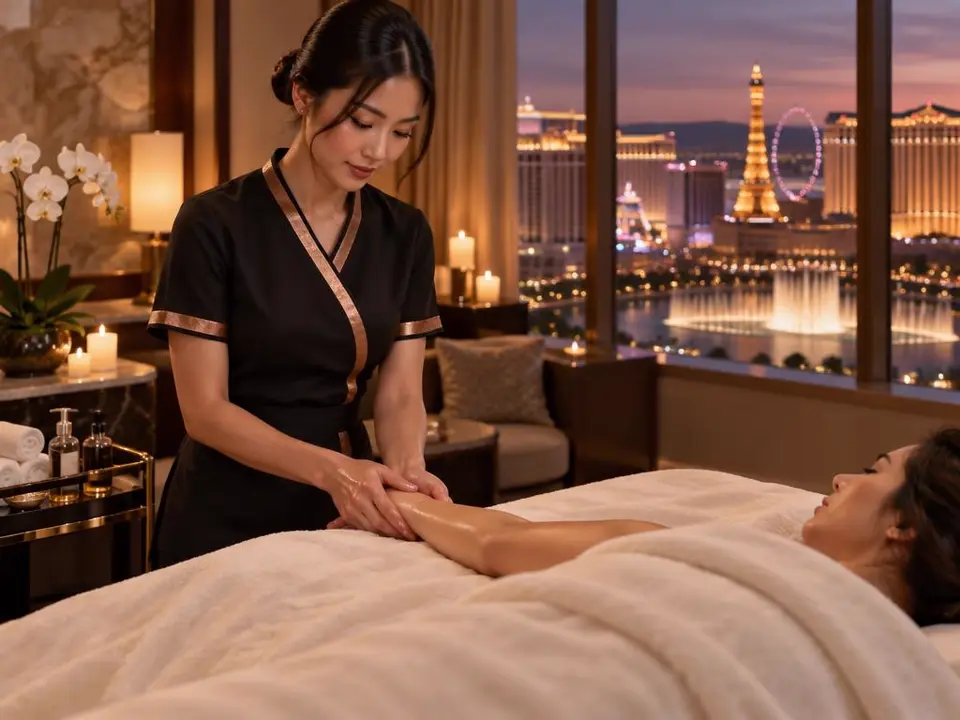 Therapist giving a Nuru Signature Relaxation massage to a draped guest in a Las Vegas Strip hotel suite