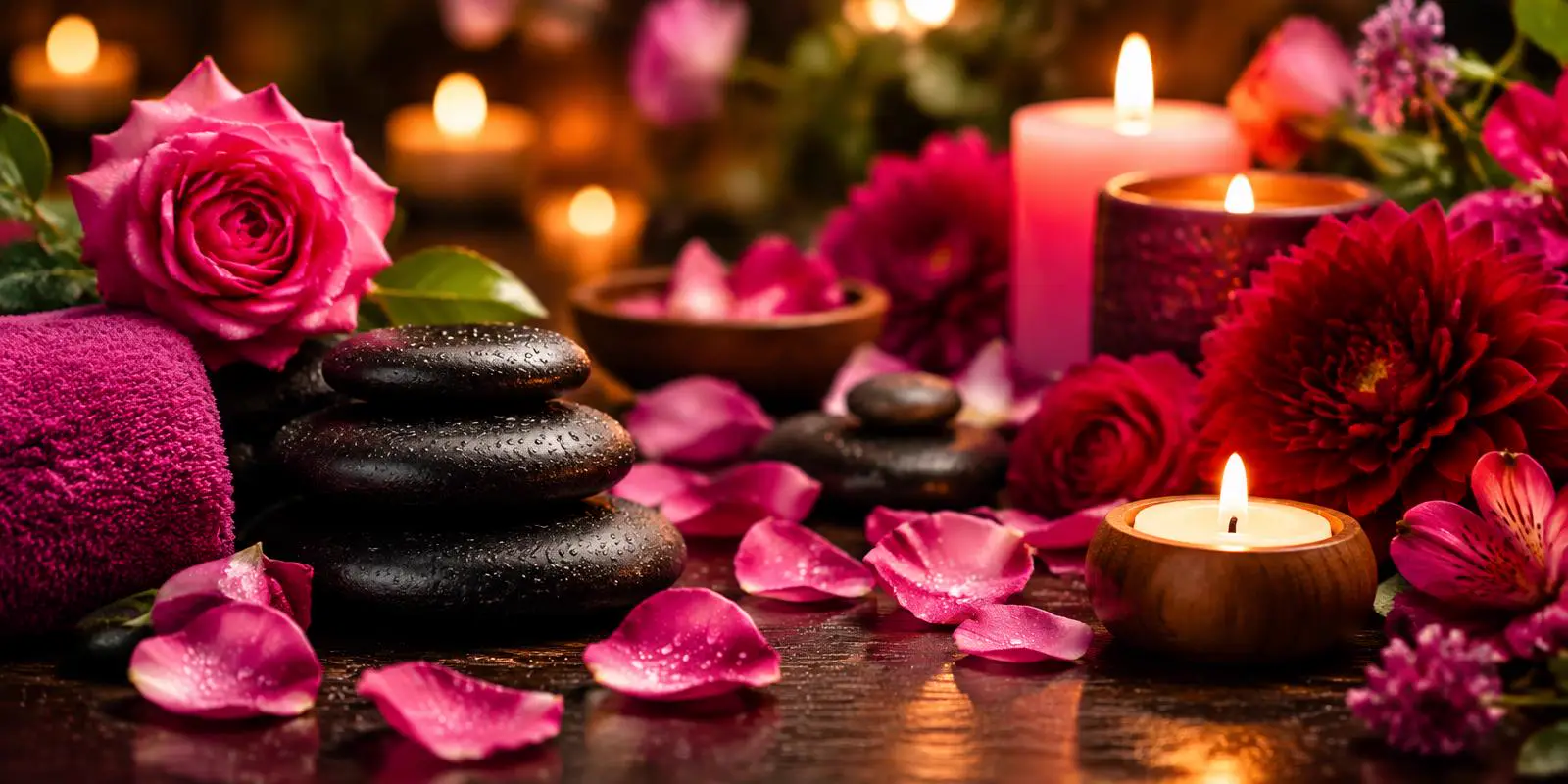 Warm massage stones, rose petals and candles for a relaxing Las Vegas massage